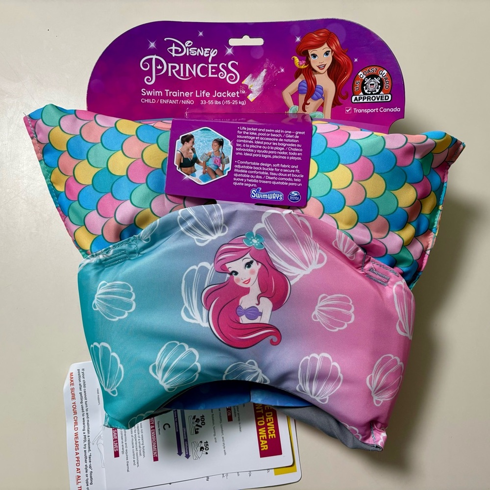 Kid Life Jacket Vest Disney Princess Ariel Swim Trainer  Mermaid 33-55 Lb NEW